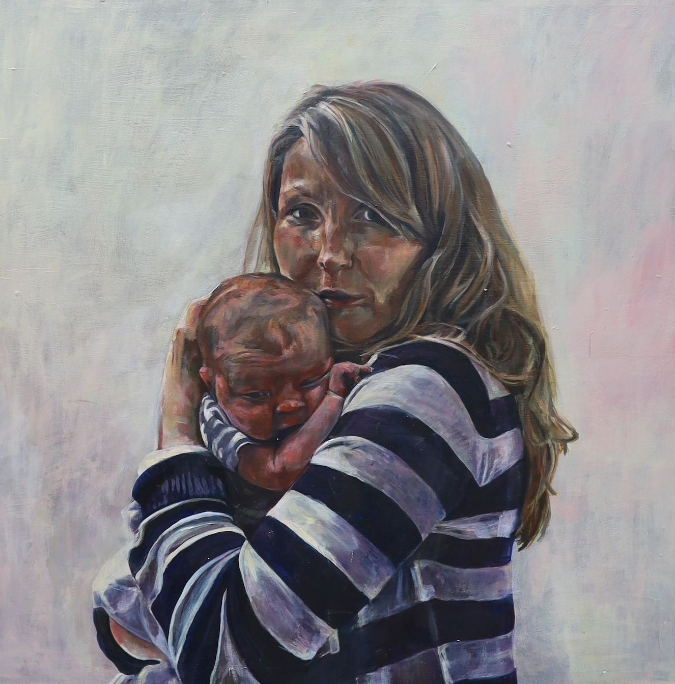 Linda de Canha Payne (Contemporary), mixed media on canvas, Portrait of a mother and child, signed and dated 2012 verso, Mall Galleries label verso, Hesketh Hubbard exhibition, 102 x 102cm, unframed